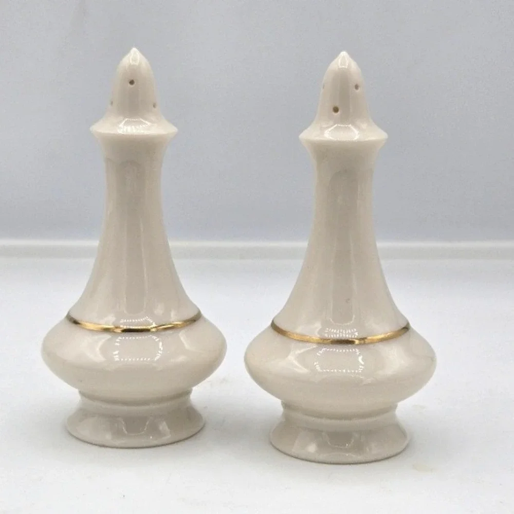 Vintage Lenox Ivory Porcelain Gold Accent Tall Salt and Pepper Shakers Set